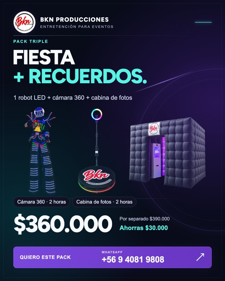 Pack Triple: Robot LED, Cámara 360 y Cabina de Fotografías