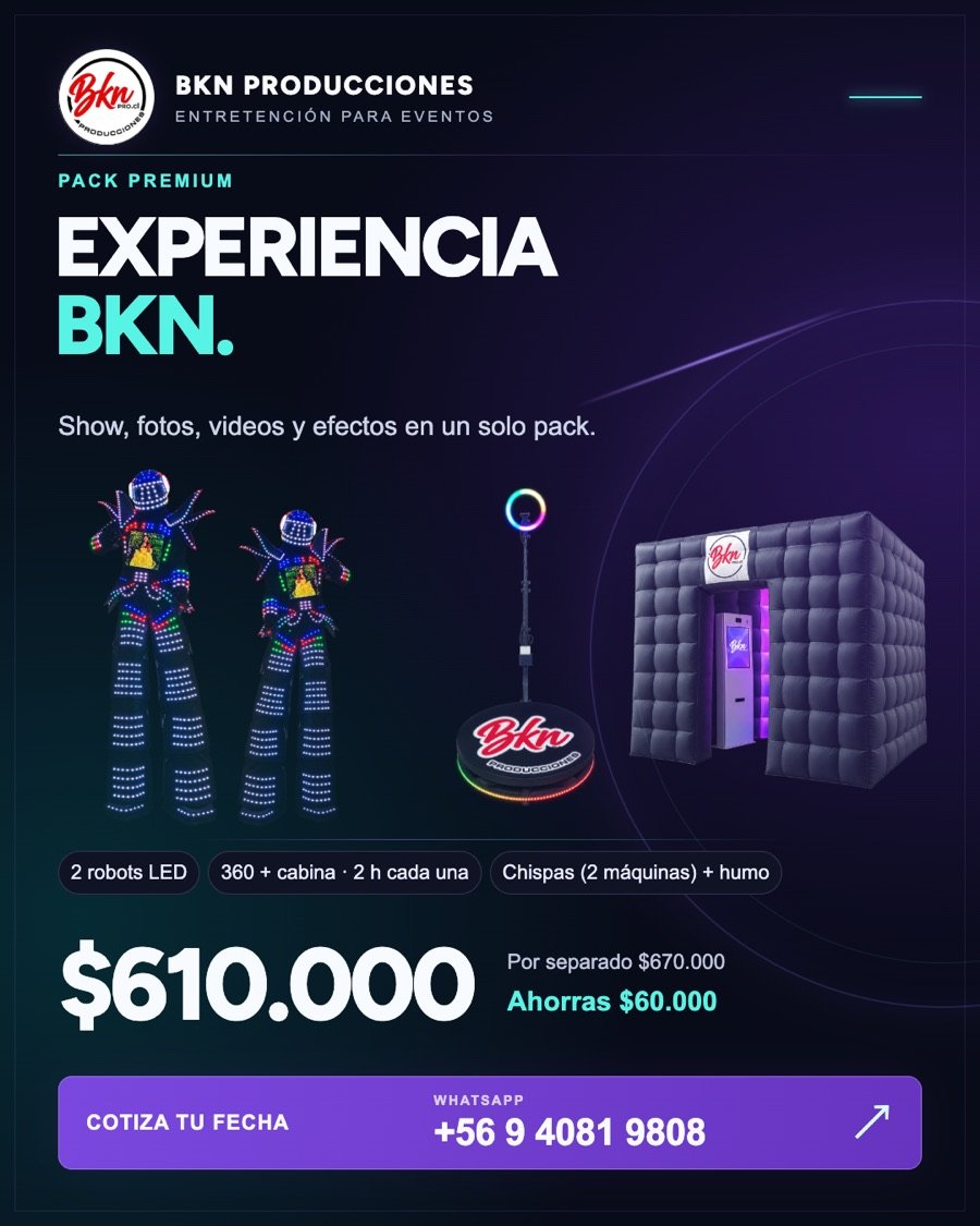 Pack Premium Experiencia BKN: 2 Robots LED, Cámara 360, Cabina de Fotos, Chispas y Humo